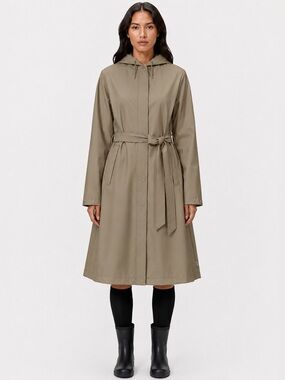 Rains women’s A-Line‎ Longer W3 Jacket Sand beige tan size XL Hooded Raincoat